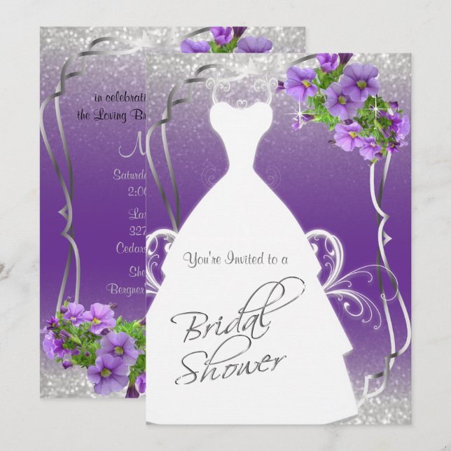 Invitación Ducha de novias en Purpurina morado y plateado (Anverso / Reverso)