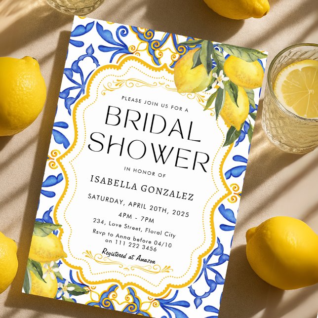 Invitación Ducha de novias en verano mediterráneo limón (Lemon Mediterranean Summer Bridal Shower Invitation)