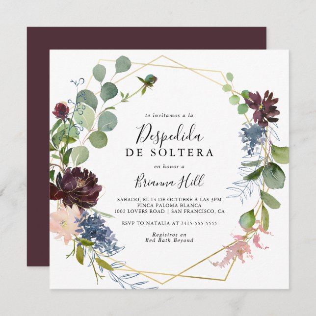 Invitación Ducha de novias española geométrica de oro de Borg (Anverso / Reverso)