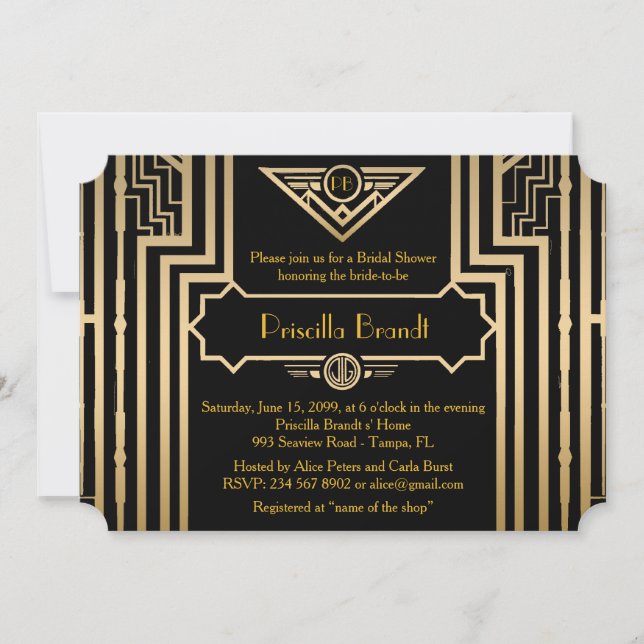 Invitación Ducha de novias, estilo Gatsby, negro y oro (Anverso)