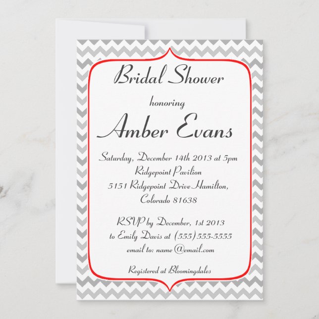 Invitación Ducha de novias Fancy Red and Grey Chevron (Anverso)
