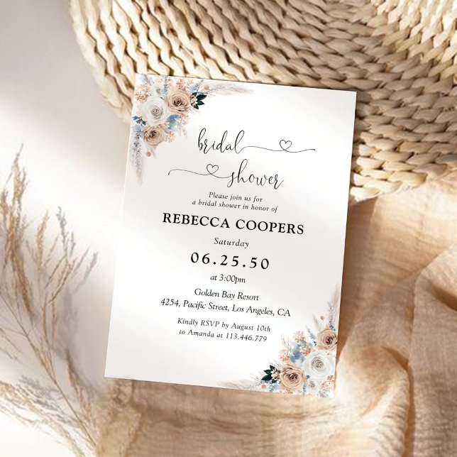 Invitación Ducha De Novias Floral De Boho Marfil Y Azul (Subido por el creador)