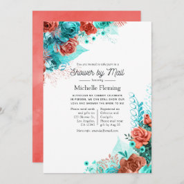 Invitación Ducha de novias floral de color turquesa y coral p