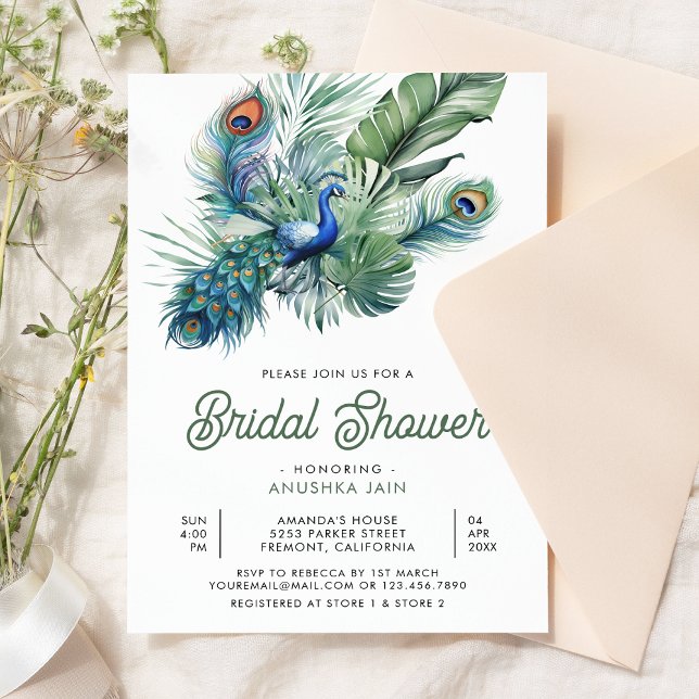 Invitación Ducha de novias floral de pavo real tropical indio (Subido por el creador)