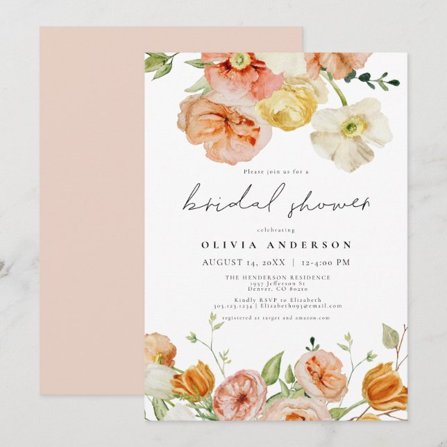 Invitación Ducha de novias floral de primavera de Peach y Rub (Anverso / Reverso)