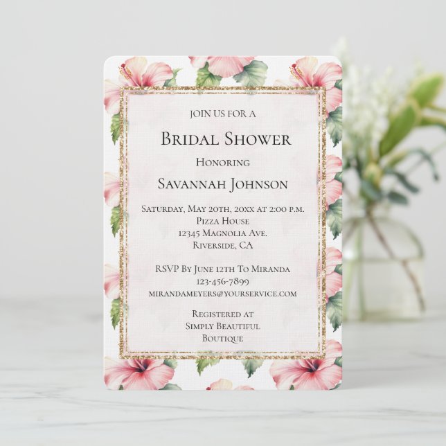 Invitación Ducha de novias floridas de Hibiscus tropical rosa (Anverso de pie)