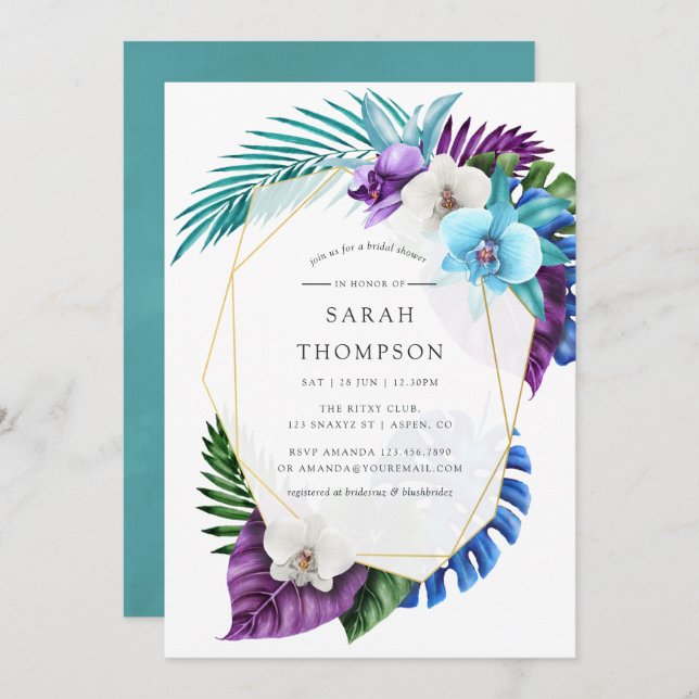 Invitación Ducha de novias geométricas de orquídeas tropicale (Anverso / Reverso)