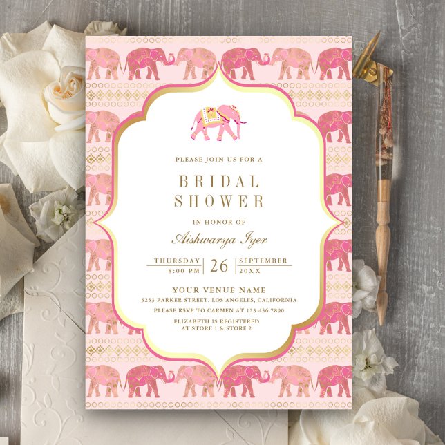 Invitación Ducha de novias india rosa y dorada para elefantes (Subido por el creador)
