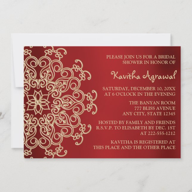 Invitación Ducha de novias inspirada en la India roja y dorad (Anverso)