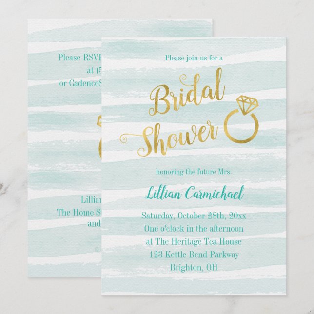 Invitación Ducha de novias Mint Green y Gold (Anverso / Reverso)
