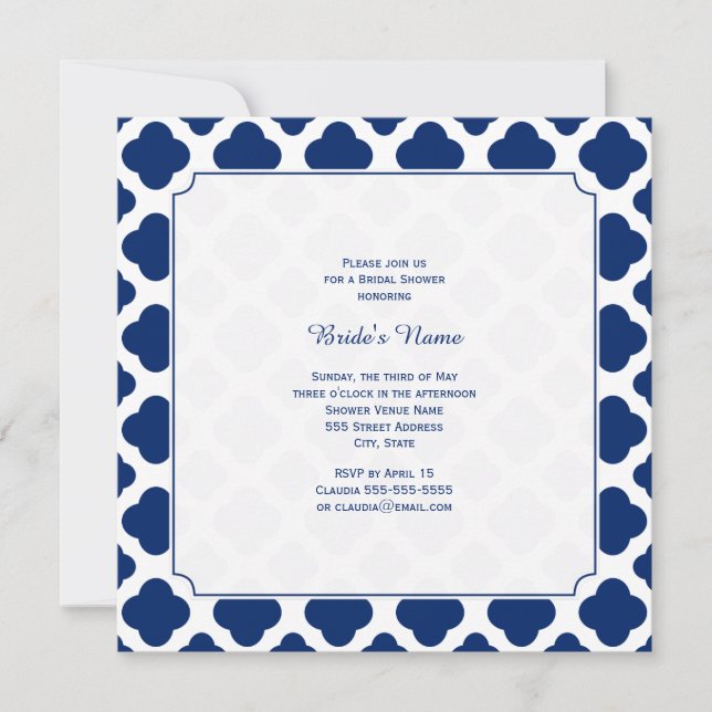 Invitación Ducha de novias Monograma Royal Blue Quatrefoil (Anverso)