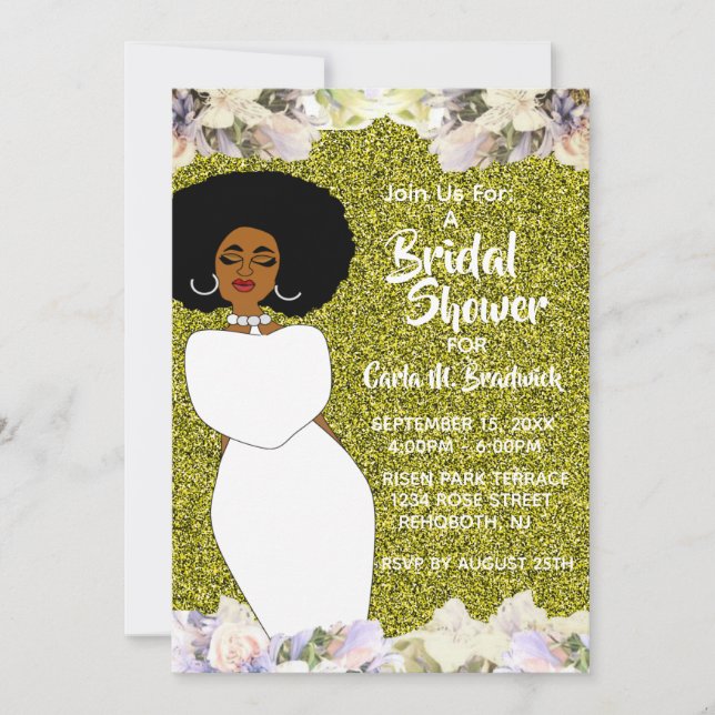 Invitación Ducha de novias norteamericana de oro y blanco (Anverso)