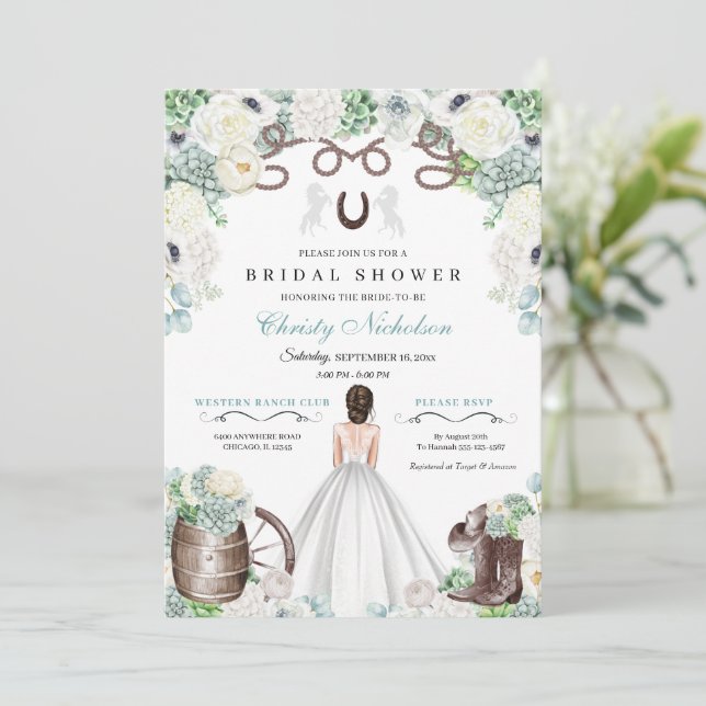 Invitación Ducha de novias occidental blanca y verde de menta (Anverso de pie)