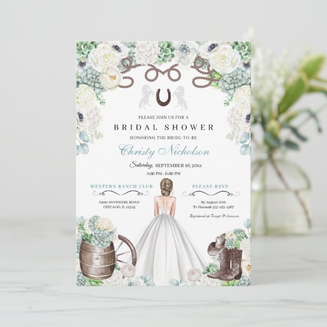Invitación Ducha de novias occidental blanca y verde de menta (Anverso de pie)