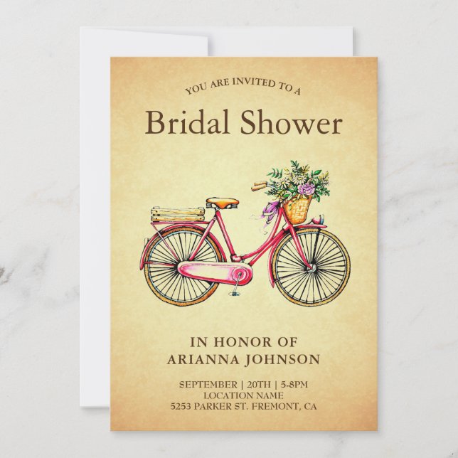 Invitación Ducha de novias para bicicletas de floral rosa vin (Anverso)