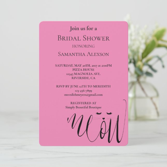 Invitación Ducha de novias para gato Pink Meow (Anverso de pie)
