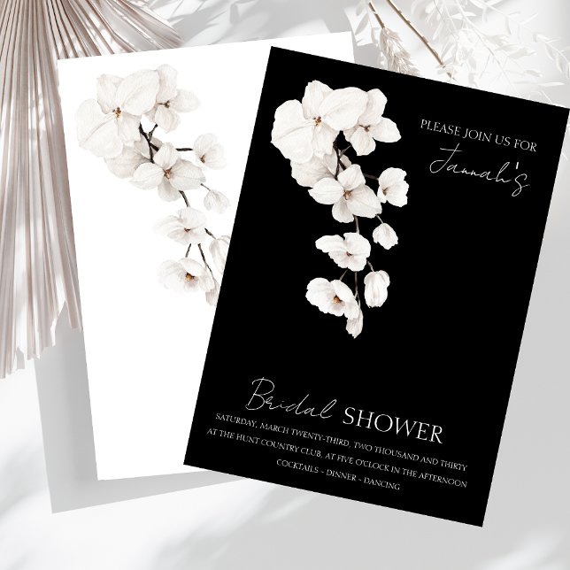 Invitación Ducha de novias para orquídeas blancas y negras mo (Modern Black and White Orchids Flowers Bridal Shower Wedding Invitation)