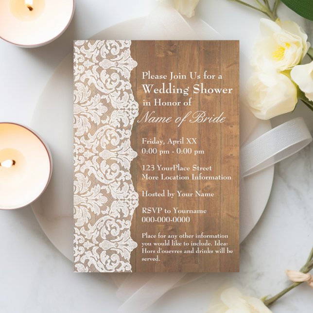 Invitación Ducha de novias: Patrón de encaje floral y madera  (Bridal Shower Invitation - Rustic Modern Wood and Lace)