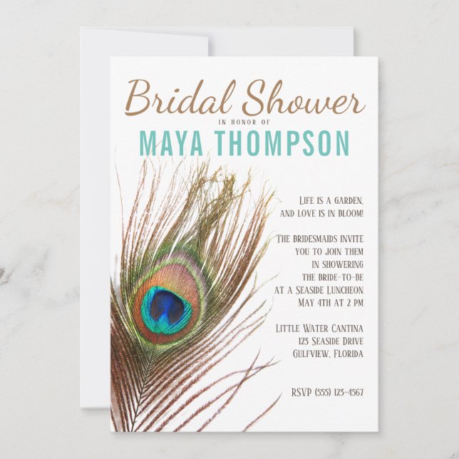 Invitación Ducha de novias Peacock Feather (Anverso)