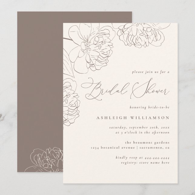 Invitación Ducha de novias Peonies, dibujada a mano por la mo (Anverso / Reverso)