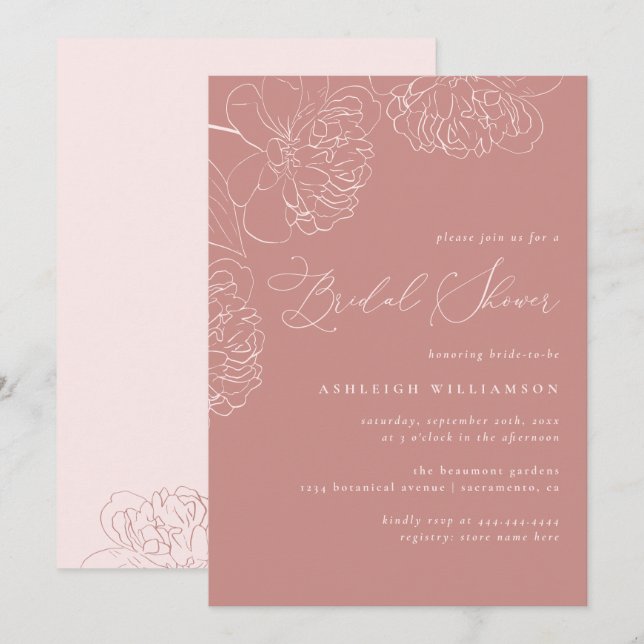 Invitación Ducha de novias Peonies guiada por la mano Minimal (Anverso / Reverso)