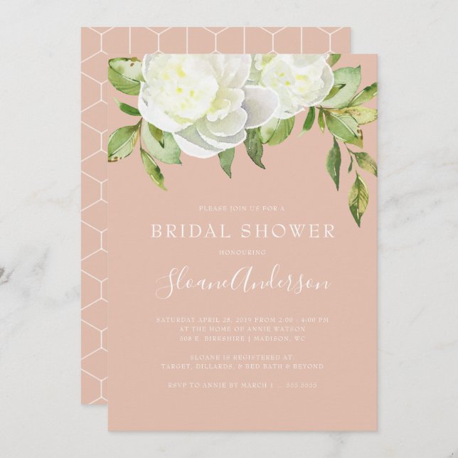 Invitación Ducha de novias Peony con flores de primavera rosa (Anverso / Reverso)