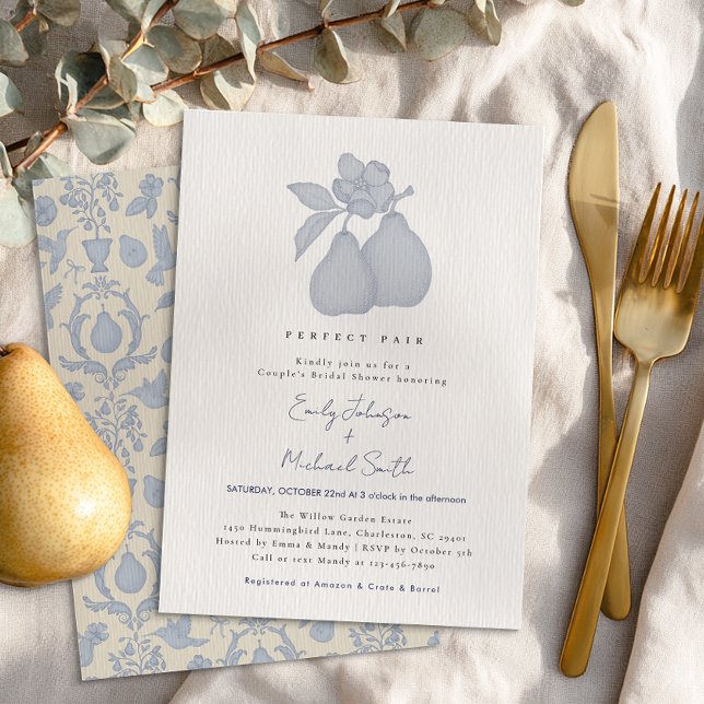 Invitación Ducha de novias Perfecta Pear | Damasco azul franc (Perfect Pear Bridal Shower)