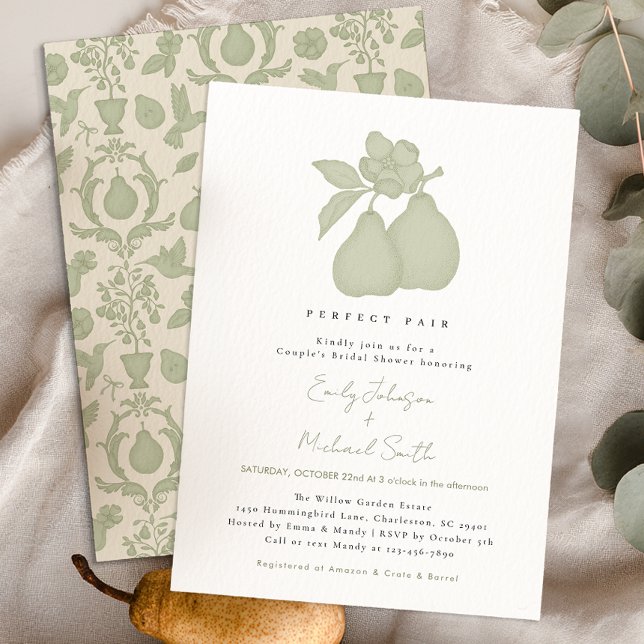 Invitación Ducha de novias Perfecta Pear | Sage Green Damask (Perfect Pear Invitation)