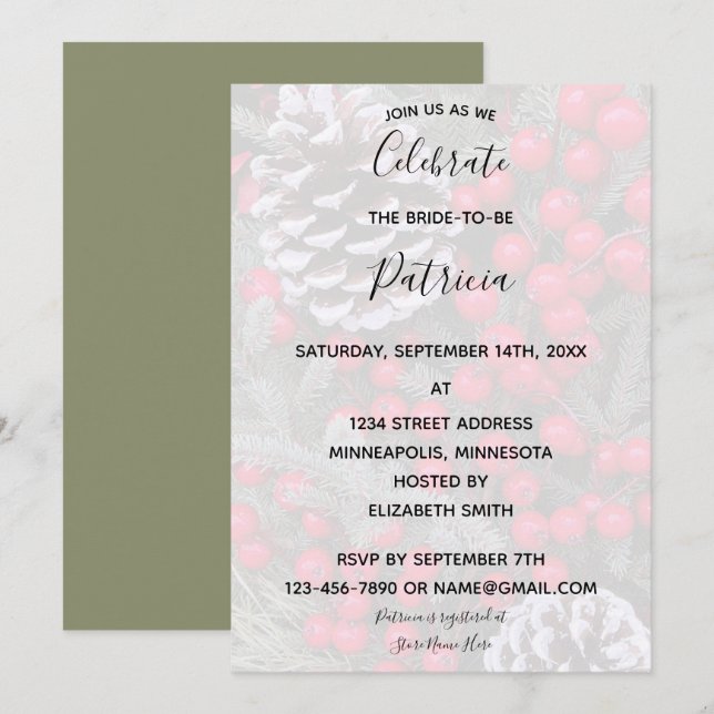Invitación Ducha de novias Pinecone Evergreen Red Berries (Anverso / Reverso)