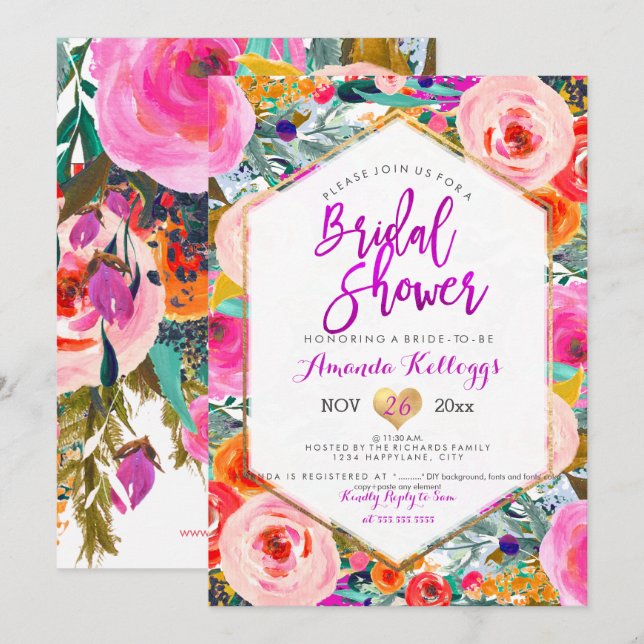 Invitación Ducha de novias PixDezines Floral de primavera Boh (Anverso / Reverso)