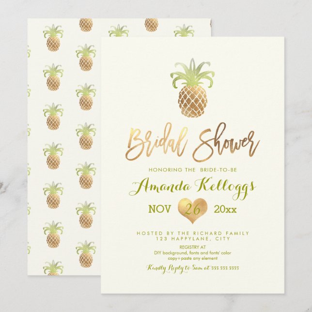 Invitación Ducha de novias PixDezines/Oro Faux/Piñas (Anverso / Reverso)