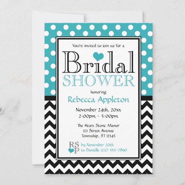 Invitación Ducha de novias Polka Dot Turquoise & Chevron (Anverso)