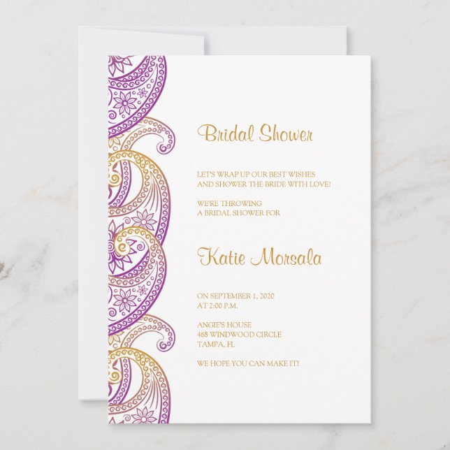 Invitación Ducha de novias púrpura y dorada india Paisley (Anverso)