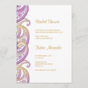 Invitación Ducha de novias púrpura y dorada india Paisley