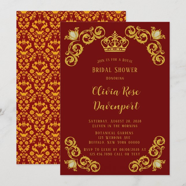 Invitación Ducha de novias Red and Gold Royal Crown Damask (Anverso / Reverso)