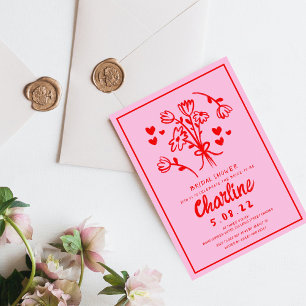 Invitación Ducha de novias retro rosa y rojo ondulado para es