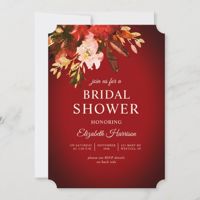 Invitación Ducha de Novias Rojas Quemada Floral de Otoño (Anverso)