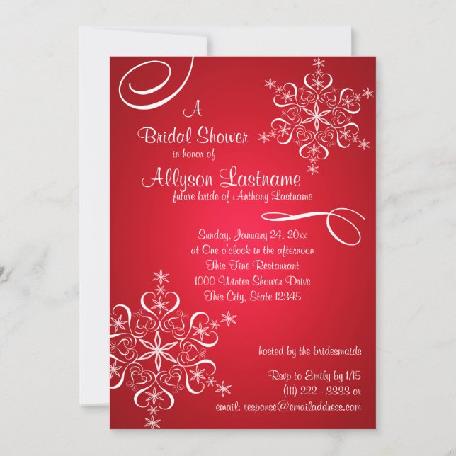 Invitación Ducha de Novias Rojas Snowflake (Anverso)