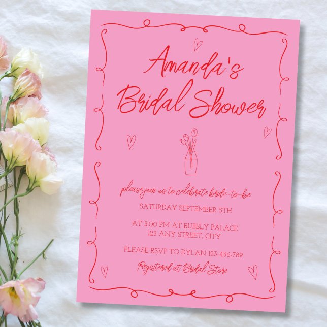 Invitación Ducha De Novias Rojas Y Rosa Dibujada A Mano (Hand Drawn Illustrated Pink & Red Bridal Shower Invitation)