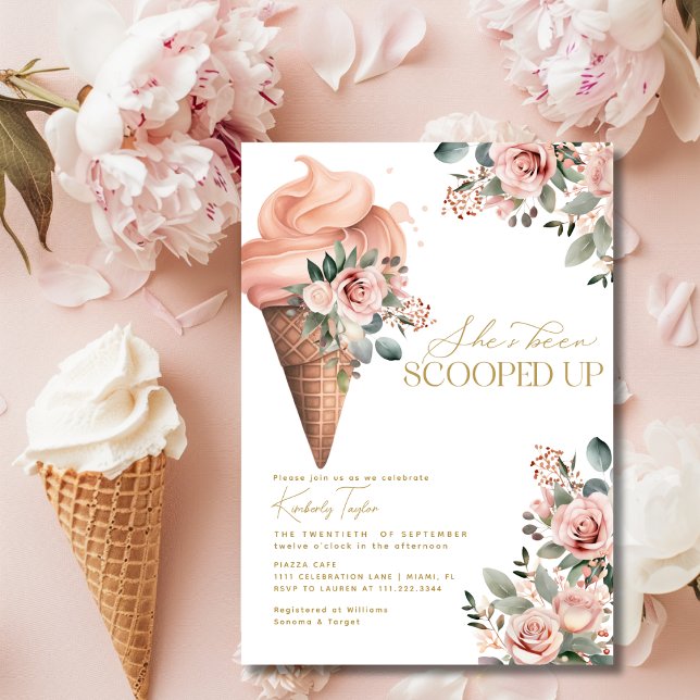 Invitación Ducha De Novias Rosa De Floral De Helado Con Crema (Scooped Up Ice Cream Floral Pink Bridal Shower Invitation)