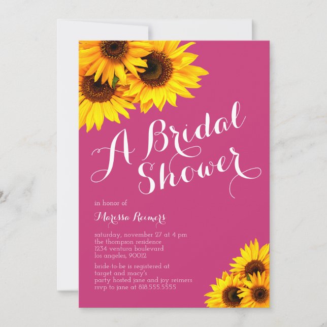 Invitación Ducha de novias rosa y amarilla con girasoles (Anverso)
