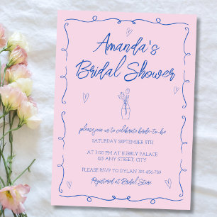 Invitación Ducha De Novias Rosa Y Azul Dibujada A Mano