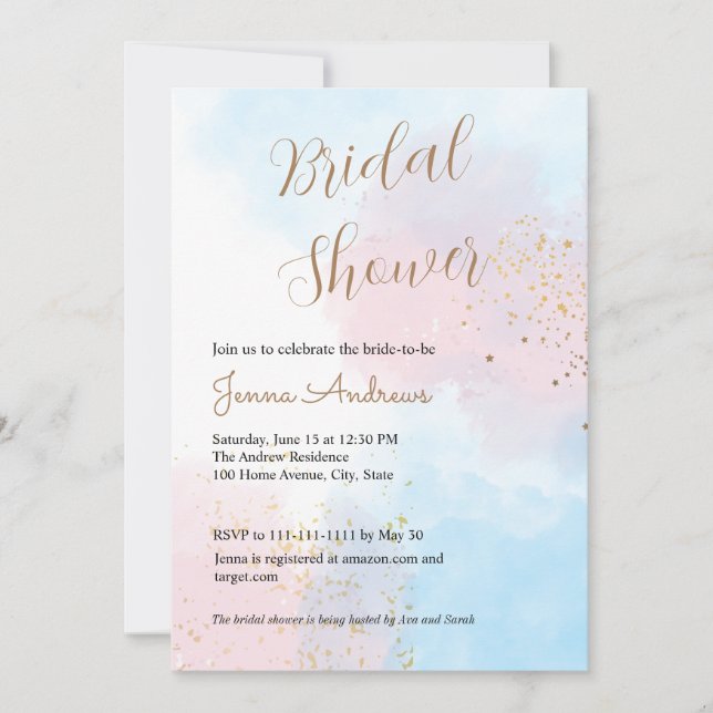 Invitación Ducha de novias rosa y azul pastel (Anverso)