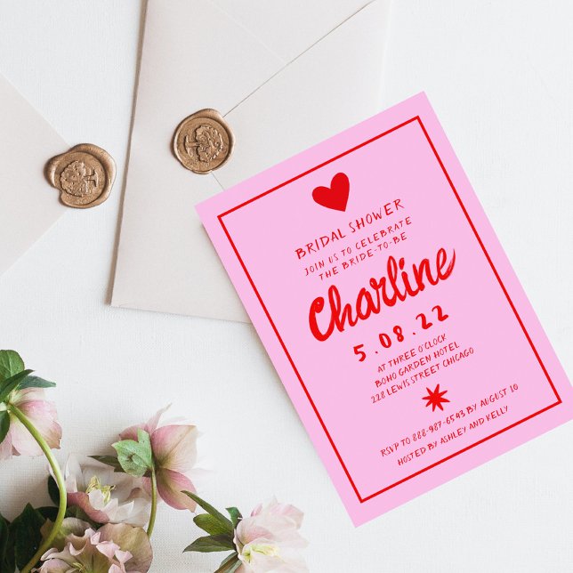 Invitación Ducha de novias rosa y rojo retro y escritura a ma (Subido por el creador)