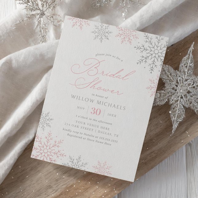Invitación Ducha de novias rosada en invierno con copo de nie (Subido por el creador)