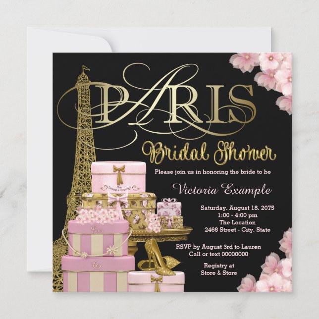 Invitación Ducha de novias rosada en París (Anverso)