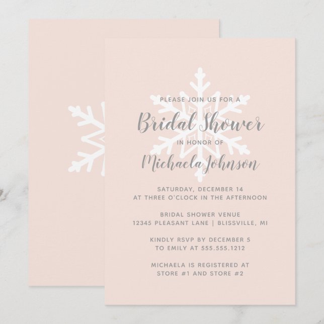 Invitación Ducha de novias Rubor Pink Gray Snowflake Wind (Anverso / Reverso)
