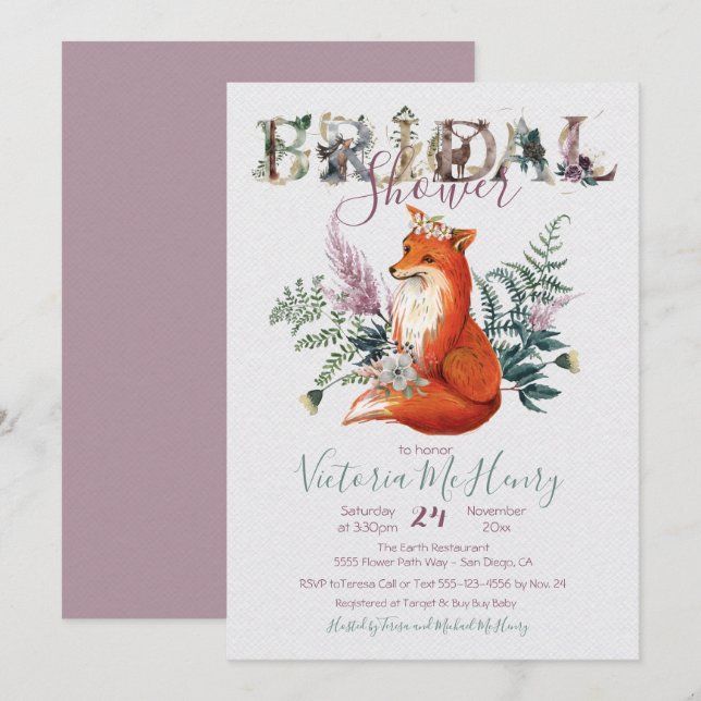 Invitación Ducha de novias Rustic Watercolor Forest Fox (Anverso / Reverso)