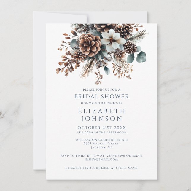 Invitación Ducha de novias Rústica Boho Floral de Pinecone QR (Anverso)