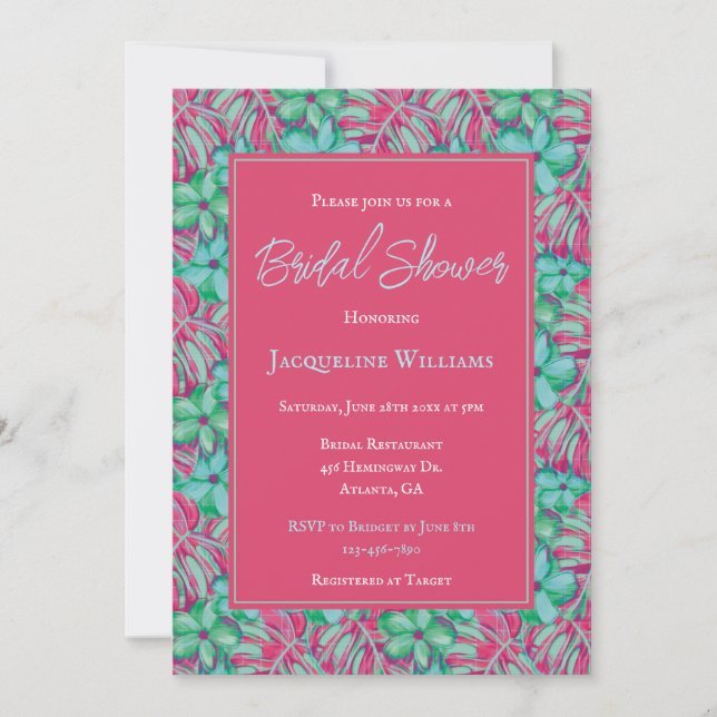 Invitación Ducha de novias tropical rosa y verde floral (Anverso)